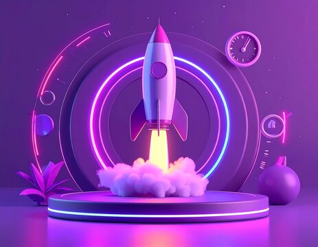 A vibrant, stylized illustration of a rocket launching from a platform, with neon lights.