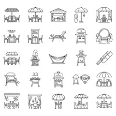 Fototapeta premium Backyard barbecue icons summer outdoor grilling and dining with backyard furniture for relaxing lifestyle perfect for patio designs and outdoor living spaces.