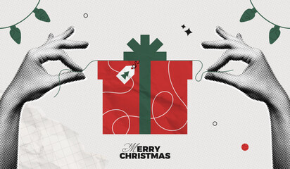 Trendy Halftone Collage Merry Christmas and New Year poster. Women's hands open red gift box. Xmas present with ribbon and bow. Party celebration. Paper texture. Contemporary vector illustration art