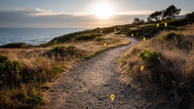 Sunrise Casts a Warm Glow Over Coastal Trail With Dotted Route Markers for Exploration