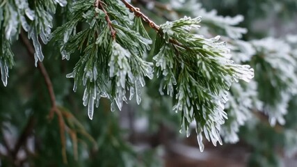 Delicate snow-dusted fir branches with reddish twigs against a soft misty backdrop, capturing wintry woodland texture and serene evergreen beauty in cool tones
