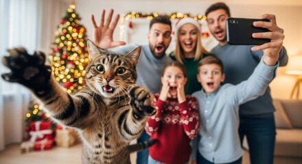 Family with cat taking cheerful selfie on Christmas. Happy family celebration moment. Pet and people together during New Year.