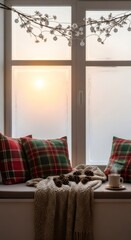 Fototapeta premium Cozy winter window seat decorated for Christmas and New Year with plaid pillows, pine cones, and hot drink for holiday comfort.