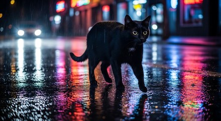 black cat walking in the rain reflecting city lights on a wet street at night ideal for urban fantasy and mystery novel covers
