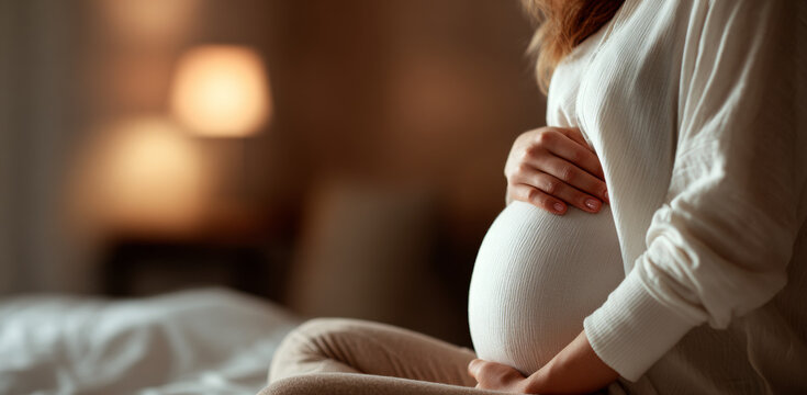Close up of pregnant woman sitting on bed, gently cradling her visible belly, radiating warmth and anticipation