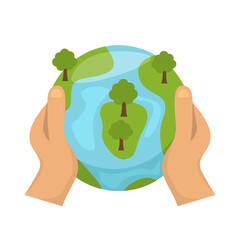 Hands holding earth icon, happy earth day, world environment day, global sustainability care, global care and environmental protection, save the earth, flat vector illustration
