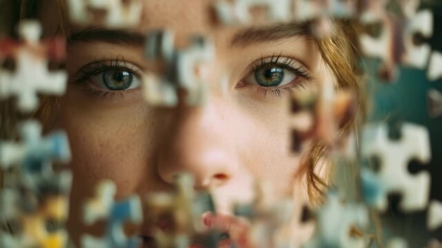 A woman's face is partially obscured by floating puzzle pieces, emphasizing concentration and curiosity. This creative concept highlights themes of self discovery, complexity, and cognitive processes