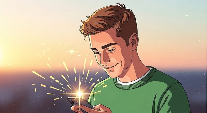 man using smartphone immersed in social media apps outdoors at sunset perfect for tech blogs and digital lifestyle promotions - Powered by Adobe