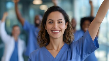 Young nurse in blue scrubs shows positivity and empowerment, symbolizing teamwork and progress in healthcare. Diverse medical professionals support each other in a bright clinical environment
