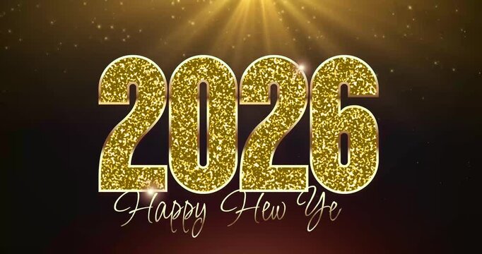 2026 Happy New Year. Moving Banner with 2026 gold numbers with shining particles, glow light effect and glitter texture. Greeting card for holiday celebration. Realistic graphic animated footage
