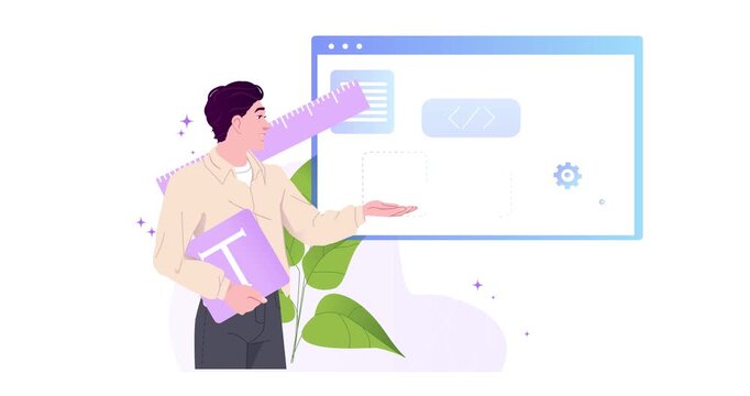 Web development process. Moving banner with male web designer or front end developer creating user interface for website or digital product. Programming and coding. Flat graphic animated cartoon