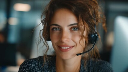 A female call center agent with blue eyes and a headset sits at her desk in a contemporary workspace, ready to assist clients. The background features a blurred office setting with soft lighting
