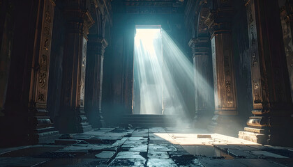 A scene of sunlight streaming into a dark temple room