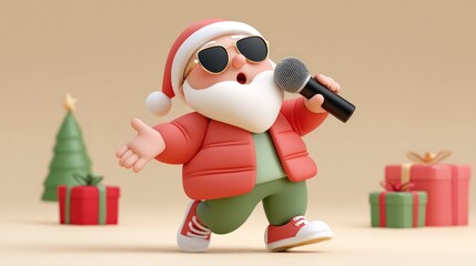 Trendy Santa claus singing christmas song into microphone with Christmas gifts on background