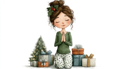 Young girl kneeling in mindful pose surrounded by festive Christmas tree and presents