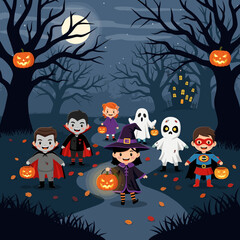 Adorable Kids in Halloween Costumes Trick-or-Treating in a Spooky Forest Path at Night with Jack-o'-Lanterns and a Haunted House
