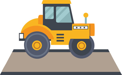 Illustration of a yellow road roller with large wheels on a section of asphalt. The vehicle conveys construction and industrial themes, with a clean, minimal design.