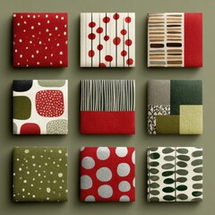 Obraz premium Colorful Textile Patterns Arrangement on Green Background