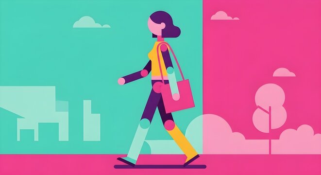 Animated woman walking through colorful cityscape and nature, representing different lifestyles. - Powered by Adobe