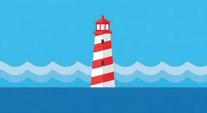 Lighthouse guiding ships at sea with gentle waves and clear blue sky - Powered by Adobe