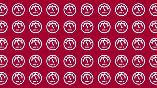 Repeating speedometer icons on red background, ideal for automotive designs, brochures, posters, or racingthemed projects with a sporty touch.