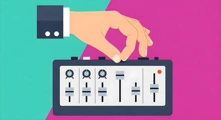 A hand adjusting a sound mixer, symbolizing control, adjustment, and audio engineering on a colorful background.