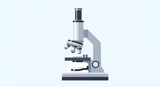 Modern laboratory microscope for scientific research and educational purposes, isolated on a light blue background.