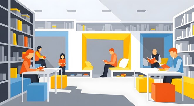 Modern library interior with diverse people reading books in cozy seating areas.