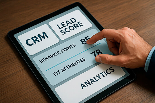 A man interacting with a tablet interface to illustrate the concept of CRM analytics.