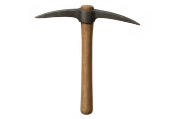 Pickaxe with wood handle and metal head, digging tool for mining, construction, and hard labor tasks