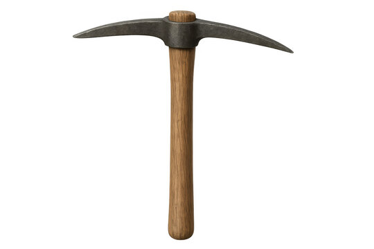 Pickaxe with wood handle and metal head, digging tool for mining, construction, and hard labor tasks