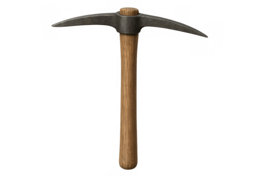 Pickaxe with wood handle and metal head, digging tool for mining, construction, and hard labor tasks