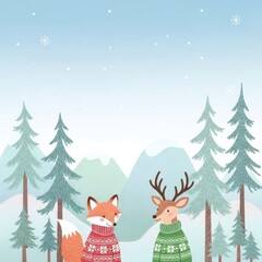 Fox and deer wearing winter sweaters in snowy forest scene. Cute animal illustration for Christmas, New Year holiday greeting card. Snowflakes falling.