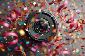 Celebratory Camera Lens with Colorful Confetti Background