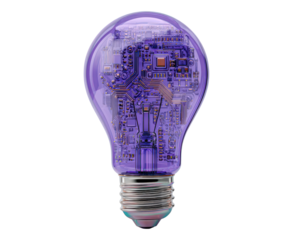 Innovative technology concept featuring a purple microchip light bulb on transparent background