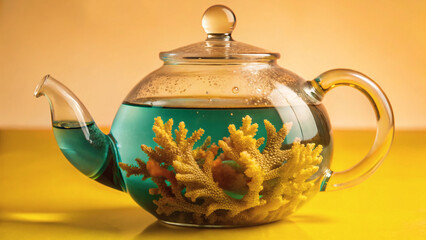 corals in a teapot half-submerged in clear turquoise water