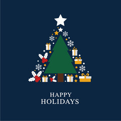 A festive Christmas tree decorated with ornaments, snowflakes, holly, and gift boxes, with the words "Happy Holidays" below.