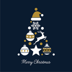 A minimalist Christmas tree illustration with ornaments, a snowflake, a reindeer, and a Santa hat on a dark blue background.