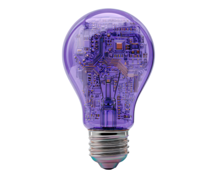 Innovative technology concept featuring a purple microchip light bulb on transparent background