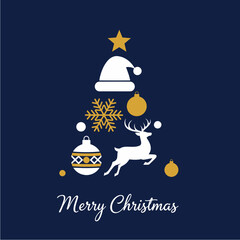 A minimalist Christmas tree illustration with a Santa hat, snowflake, ornaments, and a reindeer, set against a navy blue background with the text "Merry Christmas".