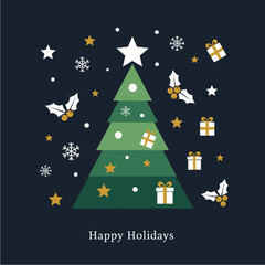Festive Christmas tree illustration with gifts, stars, snowflakes, and holly against a dark blue background.