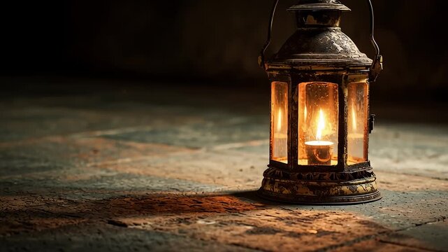 Intricate antique brass lantern with pierced patterns housing a flickering candle, casting soft shadows and warm light on a neutral fabric backdrop for a mystical ambiance