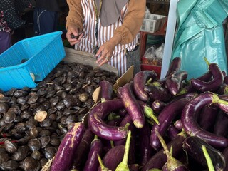 Abundant harvest: Fresh vibrant eggplants and distinctive petai pods offered by a market vendor