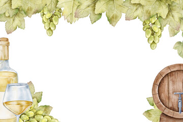 Watercolor grape frame featuring red and white wine bottles with leaves and barrel on white background. Great for menus, cards, branding, or vineyard themed packaging.