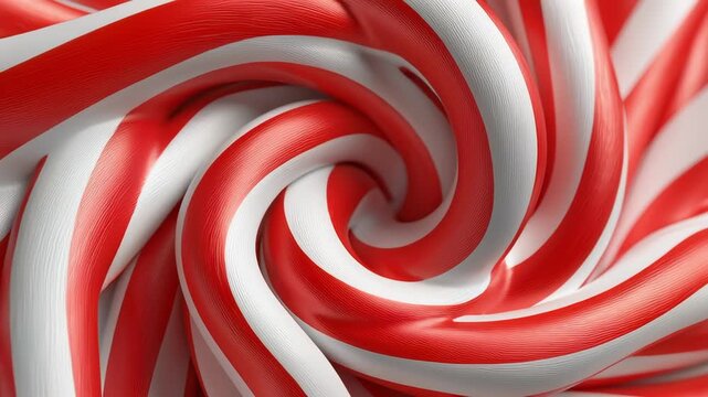 Dynamic abstract spiral of red and white stripes twisting elegantly, reminiscent of holiday candy cane or festive ribbon in a vibrant, swirling motion against plain backdrop