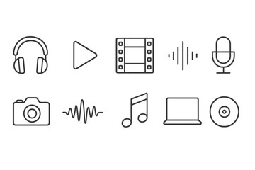 Obraz premium Media and entertainment line icon set. Audio, music, video, sound, devices icons
