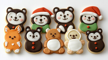 Fototapeta premium Christmas animal cookies decorated with icing in bear fox and festive hat shapes create joyful holiday treat display