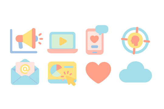 Digital marketing, social media flat icon set. Advertising, promotion icons collection - Powered by Adobe