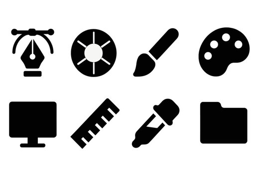 Art and design solid icon set for creative tools and resources