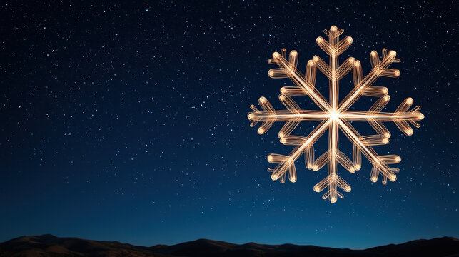 Christmas night sky with glowing snowflake decoration radiates festive joy over mountain landscape under stars